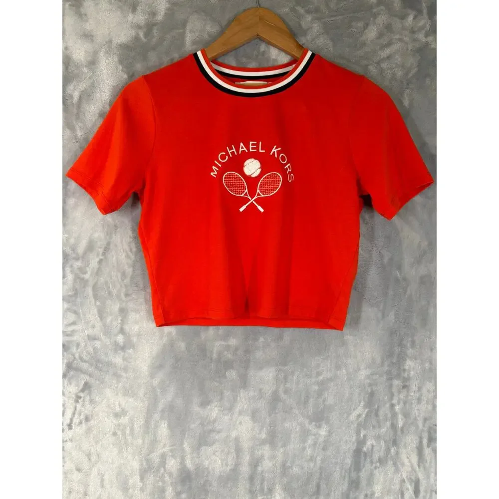 Michael Kors 2025 Sporty Tennis Preppy Cropped Ringer Tee‎ XS Casual Red Shirt